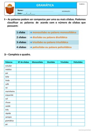 Data : ___/___/____
INFORMAÇÃO :
Nome :
GRAMÁTICA
RUBRICA :
1 – As palavras podem ser compostas por uma ou mais sílabas. Podemos
classificar as palavras de acordo com o número de sílabas que
possuem:
2 – Completa o quadro.
exercícios gramaticais
1 sílaba → monossílabo ou palavra monossilábica
2 sílabas → dissílabo ou palavra dissilábica
3 sílabas → trissílabo ou palavra trissilábica
4 sílabas → polissílabo ou palavra polissilábica
Palavras Nº de sílabas Monossílabo Dissílabo Trissílabo Polissílabo
estudar
médico
pai
leite
lindo
café
rei
marinheiro
esquerdo
sol
chuva
saúde
três
rápido
sempre
gramática
pá
 