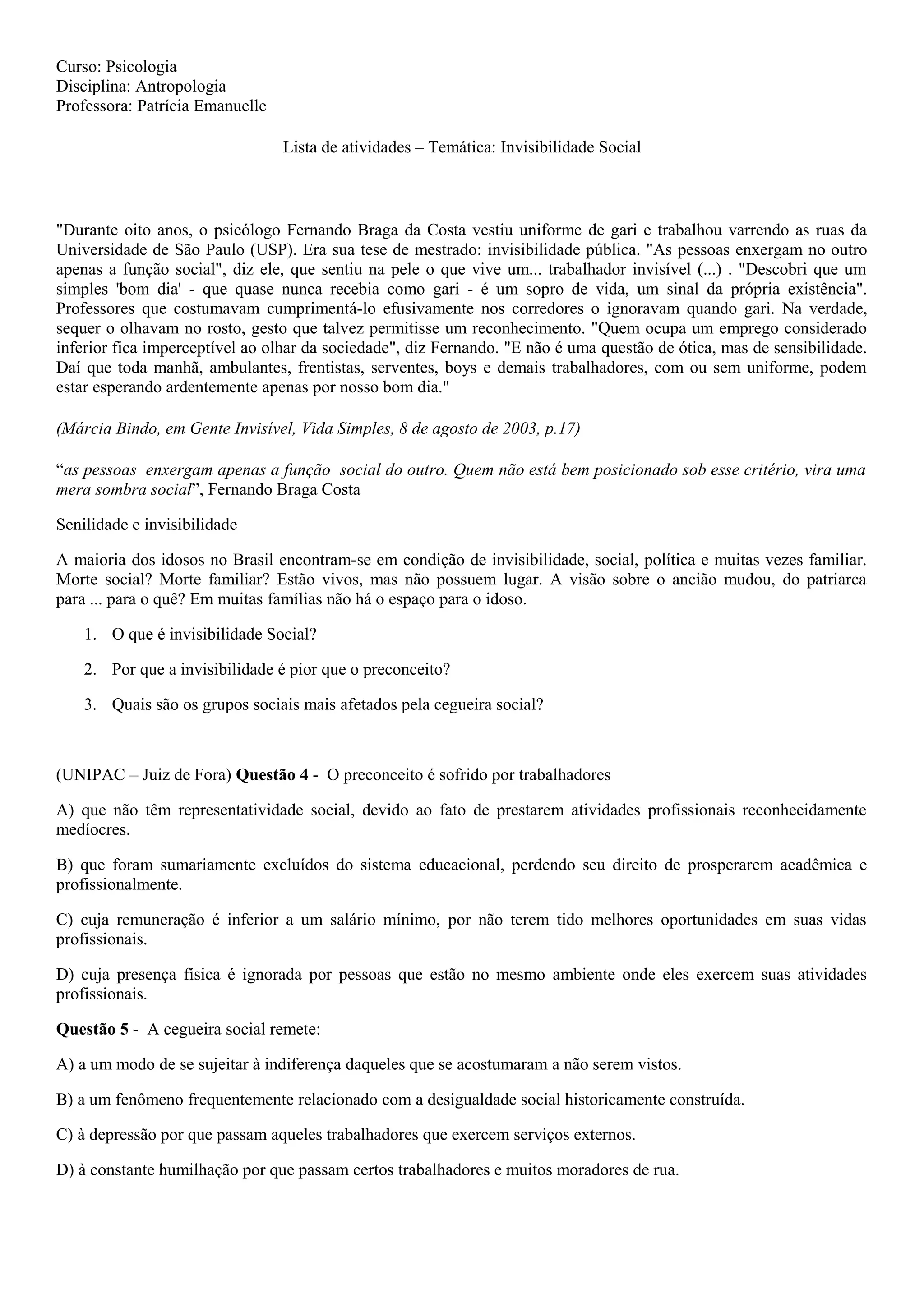 Exercícios invisibilidade social | DOC
