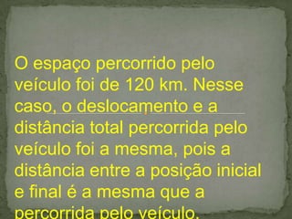 O espaço percorrido pelo
veículo foi de 120 km. Nesse
caso, o deslocamento e a
distância total percorrida pelo
veículo foi a mesma, pois a
distância entre a posição inicial
e final é a mesma que a
percorrida pelo veículo.
 