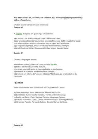 Exercício sobre arcadismo