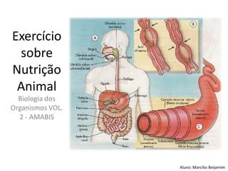 Exercício
sobre
Nutrição
Animal
Biologia dos
Organismos VOL.
2 - AMABIS
Aluno: Marcílio Beijamim
 