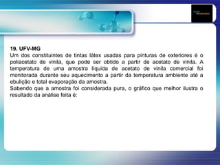 19. UFV-MG
Um dos constituintes de tintas látex usadas para pinturas de exteriores é o
poliacetato de vinila, que pode ser obtido a partir de acetato de vinila. A
temperatura de uma amostra líquida de acetato de vinila comercial foi
monitorada durante seu aquecimento a partir da temperatura ambiente até a
ebulição e total evaporação da amostra.
Sabendo que a amostra foi considerada pura, o gráfico que melhor ilustra o
resultado da análise feita é:
 