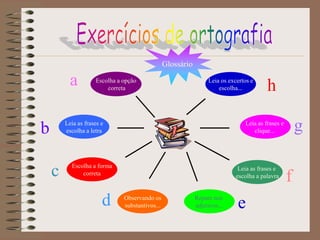 Glossário

          a         Escolha a opção
                        correta
                                                                 Leia os excertos e
                                                                     escolha...         h

b       Leia as frases e
        escolha a letra
                                                                               Leia as frases e
                                                                                  clique...           g

          Escolha a forma
    c         correta
                                                                             Leia as frases e
                                                                            escolha a palavra
                                                                                                  f
                       d      Observando os
                              substantivos...
                                                            Repare nos
                                                            adjetivos...    e
 