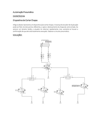 Automação Pneumática
EXERCÍCIO04
DispositivodeCortar Chapas
A figura abaixo representaumdispositivoparacortarchapas. Oavançodoatuadorde duplaação
pode ser feito de dois pontos diferentes, e após o deslocamento da chapa ela será cortada. Ao
acionar um terceiro botão, o atuador irá retornar rapidamente, mas somente se houver a
confirmação de que ele está totalmente avançado. Elaborar o circuito pneumático.
SOLUÇÃO:
 