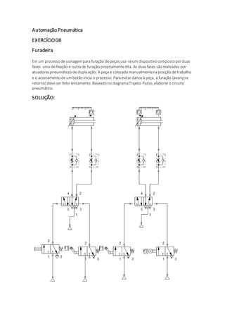 Automação Pneumática
EXERCÍCIO08
Furadeira
Em um processode usinagempara furação de peças usa-seum dispositivocompostoporduas
fases: uma de fixação e outrade furação propriamentedita. As duasfases sãorealizadas por
atuadorespneumáticosde duplaação. A peça é colocada manualmentenaposição de trabalho
e o acionamentode umbotãoinicia o processo. Paraevitar danosà peça, a furação (avançoe
retorno) deve ser feito lentamente. Baseadono diagramaTrajeto-Passo, elaboraro circuito
pneumático.
SOLUÇÃO:
 