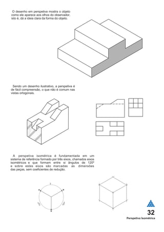 32
Perspetiva Isométrica
O desenho em perspetiva mostra o objeto
como ele aparece aos olhos do observador,
isto é, dá a ideia clara da forma do objeto.
Sendo um desenho ilustrativo, a perspetiva é
de fácil compreensão, o que não é comum nas
vistas ortogonais.
A perspetiva isométrica é fundamentada em um
sistema de referência formado por três eixos, chamados eixos
isométricos e que formam entre si ângulos de 120º
e sobre estes eixos são marcadas as dimensões
das peças, sem coeficientes de redução.
2
 