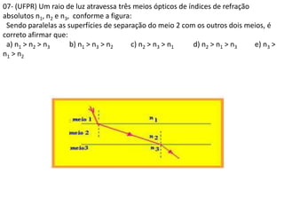 07- (UFPR) Um raio de luz atravessa três meios ópticos de índices de refração
absolutos n1, n2 e n3, conforme a figura:
Sendo paralelas as superfícies de separação do meio 2 com os outros dois meios, é
correto afirmar que:
a) n1 > n2 > n3 b) n1 > n3 > n2 c) n2 > n3 > n1 d) n2 > n1 > n3 e) n3 >
n1 > n2
 