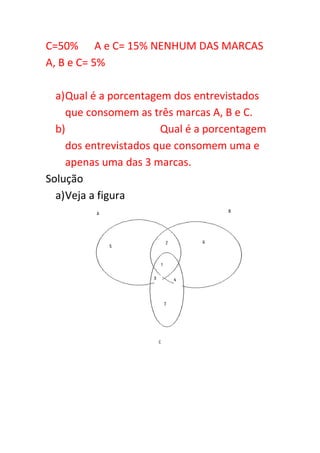 C=50% A e C= 15% NENHUM DAS MARCAS
A, B e C= 5%

  a) Qual é a porcentagem dos entrevistados
     que consomem as três marcas A, B e C.
  b)                    Qual é a porcentagem
     dos entrevistados que consomem uma e
     apenas uma das 3 marcas.
Solução
  a) Veja a figura
 
