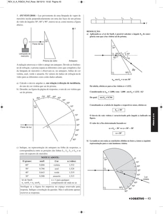 FÍSICA A 3.aS 
– 43 
3. (FUVEST-2010) – Luz proveniente de uma lâmpada de vapor de 
mercúrio incide perpendicularmente em uma das faces de um prisma 
de vidro de ângulos 30°, 60° e 90°, imerso no ar, como mostra a figura 
abaixo. 
A radiação atravessa o vidro e atinge um anteparo. Devido ao fenô me - 
no de refração, o prisma separa as diferentes cores que compõem a luz 
da lâmpada de mercúrio e observam-se, no anteparo, linhas de cor 
viole ta, azul, verde e amarela. Os valores do índice de refração n do 
vidro para as diferentes cores estão dados adiante. 
a) Calcule o desvio angular α, em relação à direção de incidência, 
do raio de cor violeta que sai do prisma. 
b) Desenhe, na figura da página de respostas, o raio de cor violeta que 
sai do prisma. 
c) Indique, na representação do anteparo na folha de respostas, a 
correspondência entre as posições das linhas L1, L2, L3 e L4 e as 
cores do espectro do mercúrio. 
RESOLUÇÃO: 
a) Aplicando-se a Lei de Snell, é possível calcular o ângulo θvi de emer - 
gên cia com que a luz violeta sai do prisma. 
nar sen θvi = n sen 30° 
Da tabela, obtém-se para a luz violeta n = 1,532. 
Considerando-se nar = 1,000, vem: 1,000 . sen θvi = 1,532 . 0,5 
Da qual: 
Consultando-se a tabela de ângulos e respectivos senos, obtém-se: 
O desvio do raio violeta é caracterizado pelo ângulo α indicado na 
figura. 
O valor de α fica determinado fazendo-se: 
α = θvi – 30° ⇒ α = 50° – 30° 
b) Levando-se em conta as conclusões obtidas no item a, temos a seguinte 
representação para o raio luminoso violeta. 
NOTE E ADOTE: 
θ (graus) senθ Cor n (vidro) 
60° 0,866 violeta 1,532 
50° 0,766 azul 1,528 
40° 0,643 verde 1,519 
30° 0,500 amarelo 1,515 
lei de Snell: 
n1 senθ1 = n2 senθ2 
n = 1 para qualquer 
comprimento de onda no ar. 
Verifique se a figura foi impressa no espaço reservado para 
resposta. Indique a resolução da questão. Não é suficiente apenas 
escrever as respostas. 
sen θvi = 0,766 
θvi = 50° 
α = 20° 
REV_II_A_FISICA_Prof_Rose 08/10/10 15:52 Página 43 
 