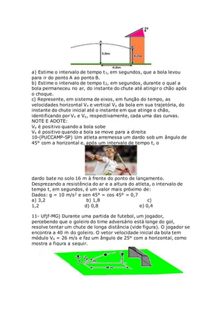 a) Estime o intervalo de tempo t1, em segundos, que a bola levou
para ir do ponto A ao ponto B.
b) Estime o intervalo de tempo t2, em segundos, durante o qual a
bola permaneceu no ar, do instante do chute até atingir o chão após
o choque.
c) Represente, em sistema de eixos, em função do tempo, as
velocidades horizontal Vx e vertical Vy da bola em sua trajetória, do
instante do chute inicial até o instante em que atinge o chão,
identificando por Vx e Vy, respectivamente, cada uma das curvas.
NOTE E ADOTE:
Vy é positivo quando a bola sobe
Vx é positivo quando a bola se move para a direita
10-(PUCCAMP-SP) Um atleta arremessa um dardo sob um ângulo de
45° com a horizontal e, após um intervalo de tempo t, o
dardo bate no solo 16 m à frente do ponto de lançamento.
Desprezando a resistência do ar e a altura do atleta, o intervalo de
tempo t, em segundos, é um valor mais próximo de:
Dados: g = 10 m/s2 e sen 45° = cos 45° = 0,7
a) 3,2 b) 1,8 c)
1,2 d) 0,8 e) 0,4
11- Ufjf-MG) Durante uma partida de futebol, um jogador,
percebendo que o goleiro do time adversário está longe do gol,
resolve tentar um chute de longa distância (vide figura). O jogador se
encontra a 40 m do goleiro. O vetor velocidade inicial da bola tem
módulo Vo = 26 m/s e faz um ângulo de 25° com a horizontal, como
mostra a figura a seguir.
 