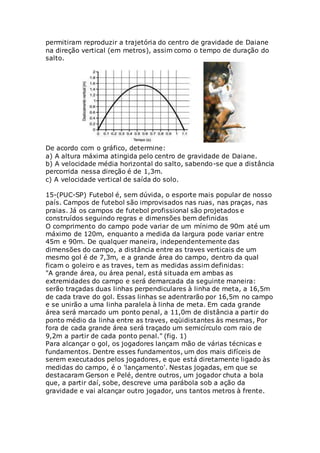 permitiram reproduzir a trajetória do centro de gravidade de Daiane
na direção vertical (em metros), assim como o tempo de duração do
salto.
De acordo com o gráfico, determine:
a) A altura máxima atingida pelo centro de gravidade de Daiane.
b) A velocidade média horizontal do salto, sabendo-se que a distância
percorrida nessa direção é de 1,3m.
c) A velocidade vertical de saída do solo.
15-(PUC-SP) Futebol é, sem dúvida, o esporte mais popular de nosso
país. Campos de futebol são improvisados nas ruas, nas praças, nas
praias. Já os campos de futebol profissional são projetados e
construídos seguindo regras e dimensões bem definidas
O comprimento do campo pode variar de um mínimo de 90m até um
máximo de 120m, enquanto a medida da largura pode variar entre
45m e 90m. De qualquer maneira, independentemente das
dimensões do campo, a distância entre as traves verticais de um
mesmo gol é de 7,3m, e a grande área do campo, dentro da qual
ficam o goleiro e as traves, tem as medidas assim definidas:
"A grande área, ou área penal, está situada em ambas as
extremidades do campo e será demarcada da seguinte maneira:
serão traçadas duas linhas perpendiculares à linha de meta, a 16,5m
de cada trave do gol. Essas linhas se adentrarão por 16,5m no campo
e se unirão a uma linha paralela à linha de meta. Em cada grande
área será marcado um ponto penal, a 11,0m de distância a partir do
ponto médio da linha entre as traves, eqüidistantes às mesmas, Por
fora de cada grande área será traçado um semicírculo com raio de
9,2m a partir de cada ponto penal." (fig. 1)
Para alcançar o gol, os jogadores lançam mão de várias técnicas e
fundamentos. Dentre esses fundamentos, um dos mais difíceis de
serem executados pelos jogadores, e que está diretamente ligado às
medidas do campo, é o 'lançamento'. Nestas jogadas, em que se
destacaram Gerson e Pelé, dentre outros, um jogador chuta a bola
que, a partir daí, sobe, descreve uma parábola sob a ação da
gravidade e vai alcançar outro jogador, uns tantos metros à frente.
 