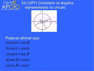 33) (UFF) Considere os ângulos
            representados no círculo:




Pode-se afirmar que:
a) cos α < cos β
b) cos γ > cos α
c) senα > sen β
d) sen β < cos γ
e) cos β > cos γ
 