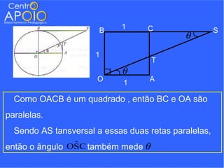 B    1      C                  S
                                            θ
                      1
                                    T
                            θ
                      O            A
                             1

  Como OACB é um quadrado , então BC e OA são
paralelas.
  Sendo AS tansversal a essas duas retas paralelas,
então o ângulo OSC também mede θ
                ˆ
 
