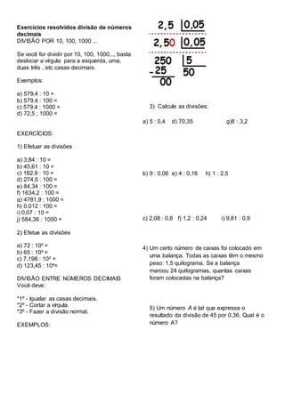 Exercícios resolvidos divisão de números decimais