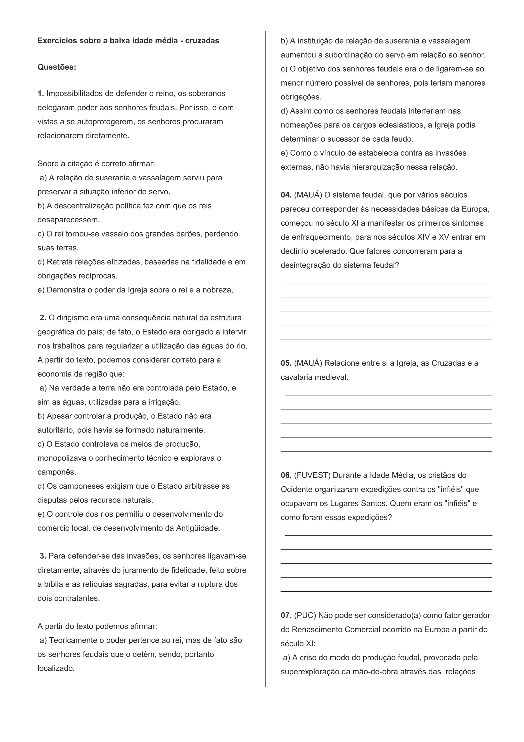 Exercícios sobre a baixa idade média | DOCX