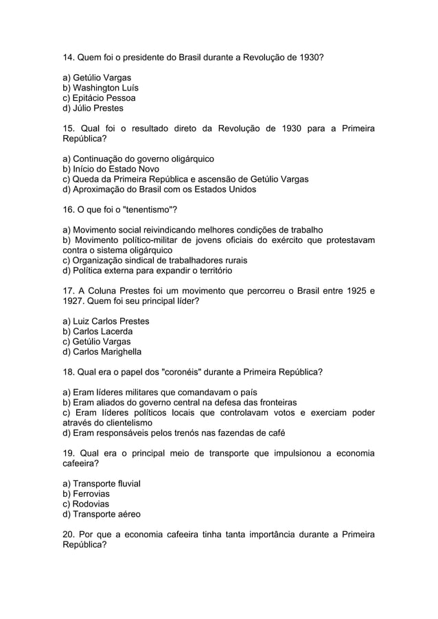 Vinte questões sobre a Primeira república no Brasil | PDF