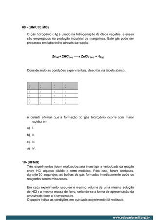 09 - (UNIUBE MG)

   O gás hidrogênio (H2) é usado na hidrogenação de óleos vegetais, e esses
   são empregados na produção industrial de margarinas. Este gás pode ser
   preparado em laboratório através da reação



                    Zn(s) + 2HCl(aq)  ZnCl2 (aq) + H2(g)



   Considerando as condições experimentais, descritas na tabela abaixo,



    C        T       E       C
    o        e       s       o
    n        m       t       n
    d        p       a       c
    I        2       G       1
    i        e       d       e
             5       r       ,
    ç        r       o       n
    I        2       a
                     G       0
    ã        a               t
    I        5       n
                     r       ,
    o        t       d       r
    I        3       u
                     a
                     P       5
                             1
             u       e       a
    I        0       u
                     l
                     n       ,
             r       l       ç
    I        3       a
                     u
                     P       0
             a       A
                     v       ã
    V        0       d
                     u
                     l       ,
             (       g
                     e
                     l       o
                     o
                     a
                     r       5
             º       r
                     v
                     d
                     i
                     e       d
             C       z
                     o
                     r
                     g       o
             )       a
                     i
                     a
                     d
                     z
                     ç
                     o
                     a       H
                     ã       C
   é correto afirmar que a formação do gás hidrogênio ocorre com maior
                     d
                     o       l

      rapidez em            (
                             m
                             o
                             l
   a) I.                     /
                             L
                             )
   b) II.

   c) III.

   d) IV.



10- (UFMG)
   Três experimentos foram realizados para investigar a velocidade da reação
   entre HCl aquoso diluído e ferro metálico. Para isso, foram contadas,
   durante 30 segundos, as bolhas de gás formadas imediatamente após os
   reagentes serem misturados.

   Em cada experimento, usou-se o mesmo volume de uma mesma solução
   de HCl e a mesma massa de ferro, variando-se a forma de apresentação da
   amostra de ferro e a temperatura.
   O quadro indica as condições em que cada experimento foi realizado.
 