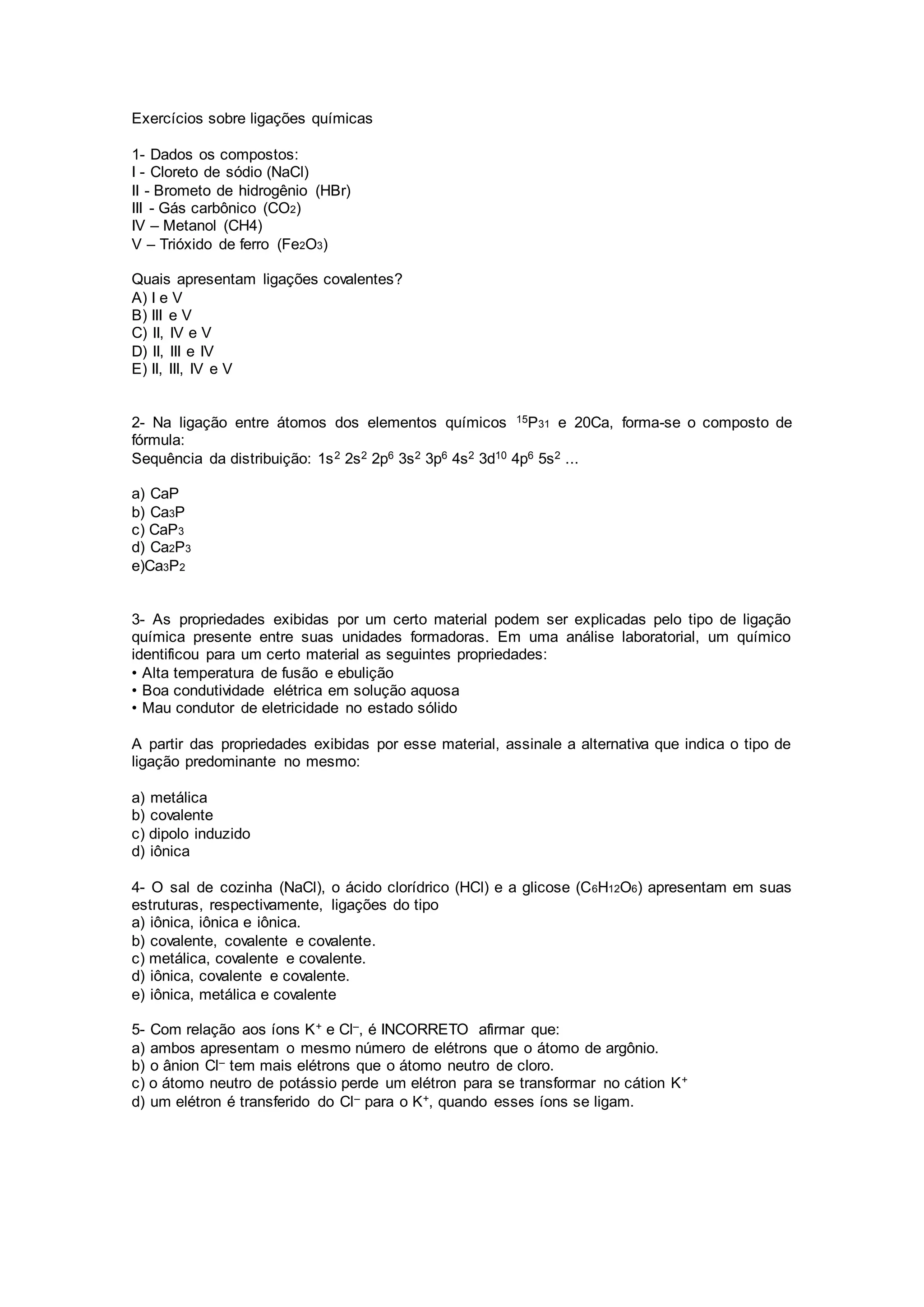 Exercícios Ligações Químicas Com Gabarito Pdf - RETOEDU