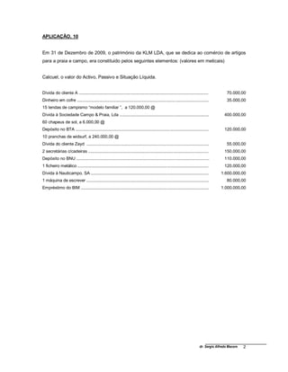 dr. Sergio Alfredo Macore 2
APLICAÇÃO. 10
Em 31 de Dezembro de 2009, o património da KLM LDA, que se dedica ao comércio de artigos
para a praia e campo, era constituido pelos seguintes elementos: (valores em meticais)
Calcuel, o valor do Activo, Passivo e Situação Líquida.
Dívida do cliente A .............................................................................................................. 70.000,00
Dinheiro em cofre ................................................................................................................ 35.000,00
15 tendas de campismo “modelo familiar ”, a 120.000,00 @
Dívida à Sociedade Campo & Praia, Lda ............................................................................ 400.000,00
60 chapeus de sol, a 6.000,00 @
Depósito no BTA ................................................................................................................. 120.000,00
10 pranchas de widsurf, a 240.000,00 @
Dívida do cliente Zayd ........................................................................................................ 55.000,00
2 secretárias c/cadeiras ...................................................................................................... 150.000,00
Depósito no BNU ................................................................................................................. 110.000,00
1 ficheiro metálico ............................................................................................................... 120.000,00
Dívida à Nauticampo, SA .................................................................................................... 1.600.000,00
1 máquina de escrever ........................................................................................................ 80.000,00
Empréstimo do BIM ............................................................................................................. 1.000.000,00
 