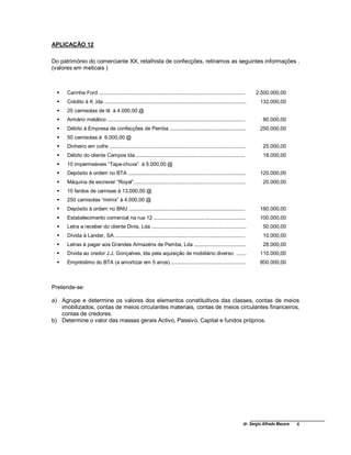dr. Sergio Alfredo Macore 4
APLICAÇÃO 12
Do património do comerciante XX, retalhista de confecções, retiramos as seguintes informações .
(valores em meticais )
 Carinha Ford ......................................................................................................
 Crédito à K ,lda ...................................................................................................
 25 camisolas de lã à 4.000,00 @
 Armário metálico ................................................................................................
 Débito à Empresa de confecções de Pemba .....................................................
 50 camisolas à 6.000,00 @
 Dinheiro em cofre ...............................................................................................
 Débito do cliente Campos lda ............................................................................
 10 impermeáveis “Tapa-chuva” à 5.000,00 @
 Depósito à ordem no BTA ..................................................................................
 Máquina de escrever “Royal”..............................................................................
 10 fardos de camisas à 13.000,00 @
 250 camisolas “mimix” à 4.000,00 @
 Depósito à ordem no BNU .................................................................................
 Estabelecimento comercial na rua 12 ................................................................
 Letra a receber do cliente Dinis, Lda ..................................................................
 Dívida à Lander, SA ...........................................................................................
 Letras à pagar aos Grandes Armazéns de Pemba, Lda ....................................
 Dívida ao credor J.J. Gonçalves, lda pela aquisição de mobiliário diverso .......
 Empréstimo do BTA (a amortizar em 5 anos) ....................................................
2.500.000,00
132.000,00
80.000,00
250.000,00
25.000,00
18.000,00
120.000,00
20.000,00
180.000,00
100.000,00
50.000,00
10.000,00
28.000,00
110.000,00
800.000,00
Pretende-se:
a) Agrupe e determine os valores dos elementos constituitivos das classes, contas de meios
imobilizados, contas de meios circulantes materiais, contas de meios circulantes financeiros,
contas de credores.
b) Determine o valor das massas gerais Activo, Passivo, Capital e fundos próprios.
 