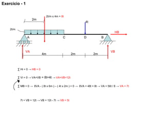 2t/m
A BDC
4t
2m4m 2m
VBVA
HB
∑ Hi = 0 → HB = 0
∑ Vi = 0 → VA+VB = 8t+4t → VA+VB=12t
7t + VB = 12t → VB = 12t - 7t → VB = 5t
2m
2t/m x 4m = 8t
∑ MB = 0 → 8VA - ( 8t x 6m ) – ( 4t x 2m ) = 0 → 8VA = 48t + 8t → VA = 56t / 8 → VA = 7t
Exercício - 1
 