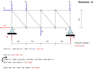 3m
4t2t2t
2m
A B
6t
3t
2m 2m2m
HA
VA VB
∑ Hi = 0 → - HA + 3t = 0 → - HA = - 3t (-1) → HA = 3t
∑ Vi = 0 → VA + VB = 14t
5,38t – VB = 14t → VB = 14t – 5,38t → VB = 8,62t
∑ MB = 0 → 8VA + ( 3t x 3m) – ( 2t x 8m) – ( 2t x 6m) – ( 6t x 4m) = 0
8VA = 43t → VA = 43t / 8 → VA = 5,38t
Forças em atuação =
VA, HA e VB
Exercício - 8
 