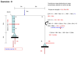 6m4m
6m3m
A
B
2kn/m 3kn
DC
2kn/mx6m=12kn
VA HB
VB
Transformar carga distribuída em carga
concentrada, atuando no centro da viga
Forças em atuação = VA, VB e HB
∑ Hi = 0 → -HB + 12kn = 0 → - HB = - 12kn (-1)
HB = 12kn
∑ Vi = 0 → VA + VB = 3kn
Sentido real de VA
- 7,33 kn + VB = 3kn → VB = 3kn + 7,33kn
VB = 10,33kn
Exercício - 9
∑ MB = 0 → 9VA + (12kn x 7m) – ( 3kn x 6m ) = 0
9VA = 66kn → VA = - 7,33 kn
( sentido real de VA ) =
 