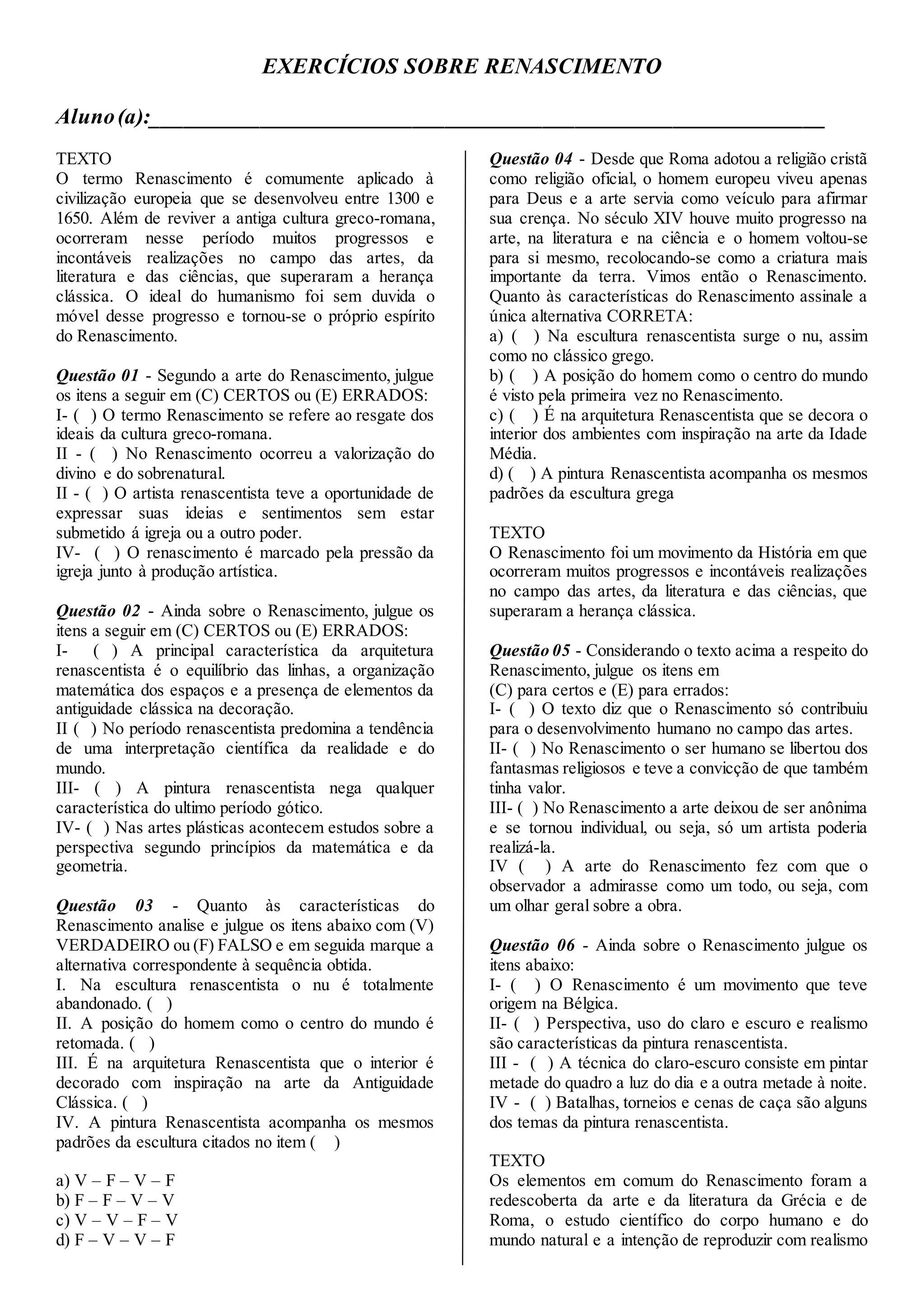 Exercícios sobre renascimento | DOCX