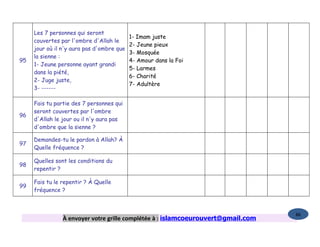 Les 7 personnes qui seront
                                           1- Imam juste
     couvertes par l'ombre d'Allah le
                                           2- Jeune pieux
     jour où il n'y aura pas d'ombre que
                                           3- Mosquée
     la sienne :
95                                         4- Amour dans la Foi
     1- Jeune personne ayant grandi
                                           5- Larmes
     dans la piété,
                                           6- Charité
     2- Juge juste,
                                           7- Adultère
     3- ------

     Fais tu partie des 7 personnes qui
     seront couvertes par l'ombre
96
     d'Allah le jour ou il n'y aura pas
     d'ombre que la sienne ?

     Demandes-tu le pardon à Allah? À
97
     Quelle fréquence ?

     Quelles sont les conditions du
98
     repentir ?

     Fais tu le repentir ? À Quelle
99
     fréquence ?



                                                                                  86
                À envoyer votre grille complétée à : islamcoeurouvert@gmail.com
 