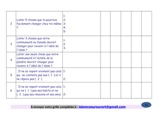 1-
    Lister 5 choses que tu pourrais  2-
2   facilement changer chez toi-même 3-
    ?                                4-
                                     5-

    Lister 3 choses que notre
                                        1-
    communauté au Canada devrait
3                                       2-
    changer pour revenir à l'idéal de
                                        3-
    l'islam ?
    Lister une seule chose que notre
    communauté à l'échèle de la
4
    planète devrait changer pour
    revenir à l'idéal de l'islam ?
     Il ne se repent vraiment pas celui 1-
5   qui ne contente pas ses ( 1 ) et il
    ne répare pas ( 2 )                 2-

     Il ne se repent vraiment pas celui 1-
6   qui ne ( 1 ) pas ses habits et ne
    ( 2 ) pas ses réunions et ses amis 2-


                                                                                 86
               À envoyer votre grille complétée à : islamcoeurouvert@gmail.com
 