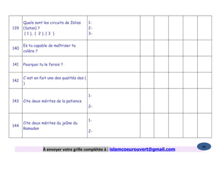 Quels sont les circuits de Ibliss      1-
139   (Satan) ?                              2-
       ( 1 ), ( 2 ), ( 3 )                   3-


      Es tu capable de maîtriser ta
140
      colère ?


141   Pourquoi tu le ferais ?


      C'est en fait une des qualités des (
142
      )


                                             1-
143   Cite deux mérites de la patience
                                             2-


                                             1-
      Cite deux mérites du jeûne du
144
      Ramadan
                                             2-


                                                                                   86
                 À envoyer votre grille complétée à : islamcoeurouvert@gmail.com
 