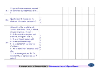 Je garantie une maison au sommet
152   du paradis à la personne qui a un (
      )

                                               1-
      Quelles sont 3 choses que tu
153                                            2-
      aimerais faire avant de mourir ?
                                               3-

      Selon Ali, rd, Le prophète psl,
      1- était d’un abord facile, il n’était
      ni rude ni ignoble. Il avait :
      2- de la considération pour tout
                                               1-
      bienfait, aussi petit soit-il.,
                                               2-
      3- Il ne critiquait pas un goût
                                               3-
      4- Ni ne faisait son éloge.
154                                            4-
      5- Il ne se fâchait pas pour vie
                                               5-
      d’ici-bas et
                                               6-
      6- Ni ne se mettait en colère pour
                                               7-
      elle.
      7- Il ne se vengeait pas. Et Toi
      Comment tu es à propos de ces 7
      points?


                                                                                   86
                 À envoyer votre grille complétée à : islamcoeurouvert@gmail.com
 