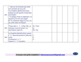 • 'Abû Sa`îd Al-Khudrî (qu'Allah
      soit satisfait de lui) a dit:
      "Le Prophète (pbAsl) était plus
      pudique qu'une (jeune) vierge dans
162   son boudoir.
      • Si quelque chose lui déplaisait, on
      saurait le lire sur son visage".
      Et Toi Comment réagis tu vis-à-vis
      de cette valeur Al Hayae?

      “Fuyez donc ( 1 ) Allah. Moi, je        (1) = Vers
163   suis pour vous de Sa part, un           ou
      avertisseur explicite.                  (2) = De

      Le Prophète (pbAsl) n’était jamais
      ( 1 ) dans ses paroles ni dans ses 1-
164   actes                              2-
      Il détestait ( 2 )                 3-
      Jamais il ( 3 ) en public




                                                                                   86
                 À envoyer votre grille complétée à : islamcoeurouvert@gmail.com
 