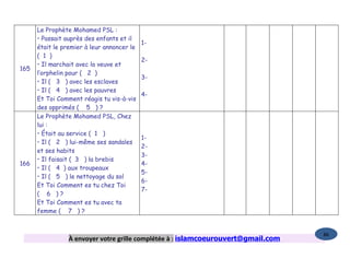 Le Prophète Mohamed PSL :
      • Passait auprès des enfants et il
                                            1-
      était le premier à leur annoncer le
      ( 1 )
                                            2-
      • Il marchait avec la veuve et
165
      l’orphelin pour ( 2 )
                                            3-
      • Il ( 3 ) avec les esclaves
      • Il ( 4 ) avec les pauvres
                                            4-
      Et Toi Comment réagis tu vis-à-vis
      des opprimés ( 5 ) ?
      Le Prophète Mohamed PSL, Chez
      lui :
      • Était au service ( 1 )
                                            1-
      • Il ( 2 ) lui-même ses sandales
                                            2-
      et ses habits
                                            3-
      • Il faisait ( 3 ) la brebis
166                                         4-
      • Il ( 4 ) aux troupeaux
                                            5-
      • Il ( 5 ) le nettoyage du sol
                                            6-
      Et Toi Comment es tu chez Toi
                                            7-
      ( 6 )?
      Et Toi Comment es tu avec ta
      femme ( 7 ) ?


                                                                                   86
                 À envoyer votre grille complétée à : islamcoeurouvert@gmail.com
 
