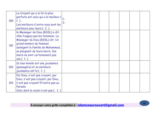 Le Croyant qui a la foi la plus
      parfaite est celui qui a le meilleur (
                                             1-
180   1 ).
                                             2-
      Les meilleurs d'entre vous sont les
      meilleurs avec leurs ( 2 )
      le Messager de Dieu (BSDL) a dit:
      «Ne frappez pas les femmes». Le
      Messager de Dieu (BSDL) dit: Un
      grand nombre de femmes
181
      assiègent la famille de Mohammad,
      se plaignant de leurs maris. Ces
      maris ne sont certainement pas
      vos ( 1 )
      Ce bas-monde est une jouissance
182   (passagère) et sa meilleure
      jouissance est la ( 1 )
      Par Dieu, n'est pas croyant, par
      Dieu, n'est pas croyant, par Dieu,
183   n'est pas croyant! N'entre pas au
      Paradis
      Celui dont le voisin n'est pas ( 1 )



                                                                                   86
                 À envoyer votre grille complétée à : islamcoeurouvert@gmail.com
 