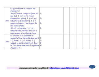 Ce que l’affaire du Croyant est
      étonnante !
      Son affaire ne comporte (pour lui)    1-
      que du ( 1 ), et cette faveur
      n’appartient qu’au ( 2 ) : s’il est   2-
204   l’objet d’un événement ( 3 ), il
      remercie Dieu et c’est là pour lui    3-
      une bonne chose.
      S’il est victime d’un ( 4 ), il       4-
      l’endure avec patience et c’est là
      encore pour lui une bonne chose
      Le croyant et la croyante ne
      cessent d’être éprouvés dans leur (   1-
      1 ), leurs ( 2 ) et leurs ( 3 )       2-
205
      jusqu’à ce qu’ils rencontrent Dieu    3-
      le Très-Haut sans avoir à répondre    4-
      d’aucun ( 4 )




                                                                                  86
                À envoyer votre grille complétée à : islamcoeurouvert@gmail.com
 
