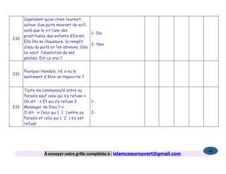 Cependant qu’un chien tournait
      autour d’un puits mourant de soif,
      voilà que le vit l’une des
                                           1- Oui
      prostituées des enfants d’Israël.
230
      Elle ôta sa chaussure, la remplit
                                           2- Non
      d’eau du puits et l’en abreuva. Cela
      lui valut l’absolution de ses
      péchés; Est ce vrai ?


      Pourquoi Handala, rd, a eu le
231
      sentiment d'être un Hypocrite ?


      Toute ma communauté entre au
      Paradis sauf celui qui s’y refuse ».
      On dit : « Et qui s’y refuse ô         1-
232   Messager de Dieu ? ».
      Il dit : « Celui qui ( 1 ) entre au    2-
      Paradis et celui qui ( 2 ) s’y est
      refusé




                                                                                   86
                 À envoyer votre grille complétée à : islamcoeurouvert@gmail.com
 