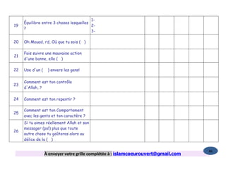 1-
     Équilibre entre 3 choses lesquelles
19                                       2-
     ?
                                         3-

20   Oh Mouad, rd, Où que tu sois ( )

     Fais suivre une mauvaise action
21
     d'une bonne, elle ( )

22   Use d'un (    ) envers les gens!


     Comment est ton contrôle
23
     d'Allah, ?

24   Comment est ton repentir ?

     Comment est ton Comportement
25
     avec les gents et ton caractère ?
     Si tu aimes réellement Allah et son
     messager (psl) plus que toute
26
     autre chose tu goûteras alors au
     délice de la ( )

                                                                                    86
                  À envoyer votre grille complétée à : islamcoeurouvert@gmail.com
 