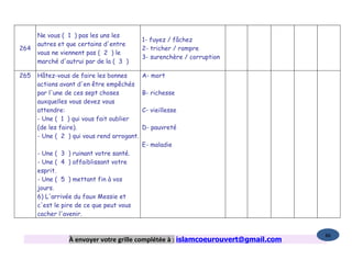 Ne vous ( 1 ) pas les uns les
                                            1- fuyez / fâchez
      autres et que certains d'entre
264                                         2- tricher / rompre
      vous ne viennent pas ( 2 ) le
                                            3- surenchère / corruption
      marché d'autrui par de la ( 3 )

265   Hâtez-vous de faire les bonnes        A- mort
      actions avant d'en être empêchés
      par l'une de ces sept choses          B- richesse
      auxquelles vous devez vous
      attendre:                             C- vieillesse
      - Une ( 1 ) qui vous fait oublier
      (de les faire).                       D- pauvreté
      - Une ( 2 ) qui vous rend arrogant.
                                            E- maladie
      - Une ( 3 ) ruinant votre santé.
      - Une ( 4 ) affaiblissant votre
      esprit.
      - Une ( 5 ) mettant fin à vos
      jours.
      6) L'arrivée du faux Messie et
      c'est le pire de ce que peut vous
      cacher l'avenir.


                                                                                   86
                 À envoyer votre grille complétée à : islamcoeurouvert@gmail.com
 