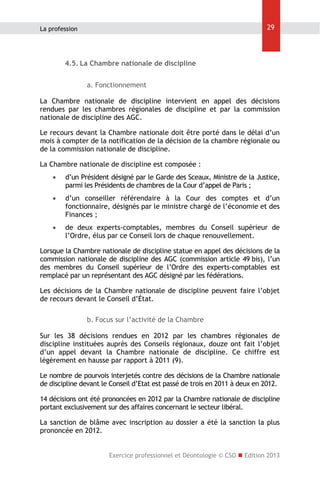 29

La profession

4.5. La Chambre nationale de discipline
a. Fonctionnement
La Chambre nationale de discipline intervient en appel des décisions
rendues par les chambres régionales de discipline et par la commission
nationale de discipline des AGC.
Le recours devant la Chambre nationale doit être porté dans le délai d’un
mois à compter de la notification de la décision de la chambre régionale ou
de la commission nationale de discipline.
La Chambre nationale de discipline est composée :


d’un Président désigné par le Garde des Sceaux, Ministre de la Justice,
parmi les Présidents de chambres de la Cour d’appel de Paris ;



d’un conseiller référendaire à la Cour des comptes et d’un
fonctionnaire, désignés par le ministre chargé de l’économie et des
Finances ;



de deux experts-comptables, membres du Conseil supérieur de
l’Ordre, élus par ce Conseil lors de chaque renouvellement.

Lorsque la Chambre nationale de discipline statue en appel des décisions de la
commission nationale de discipline des AGC (commission article 49 bis), l’un
des membres du Conseil supérieur de l’Ordre des experts-comptables est
remplacé par un représentant des AGC désigné par les fédérations.
Les décisions de la Chambre nationale de discipline peuvent faire l’objet
de recours devant le Conseil d’État.
b. Focus sur l’activité de la Chambre
Sur les 38 décisions rendues en 2012 par les chambres régionales de
discipline instituées auprès des Conseils régionaux, douze ont fait l’objet
d’un appel devant la Chambre nationale de discipline. Ce chiffre est
légèrement en hausse par rapport à 2011 (9).
Le nombre de pourvois interjetés contre des décisions de la Chambre nationale
de discipline devant le Conseil d’Etat est passé de trois en 2011 à deux en 2012.
14 décisions ont été prononcées en 2012 par la Chambre nationale de discipline
portant exclusivement sur des affaires concernant le secteur libéral.
La sanction de blâme avec inscription au dossier a été la sanction la plus
prononcée en 2012.
Exercice professionnel et Déontologie © CSO  Edition 2013

 