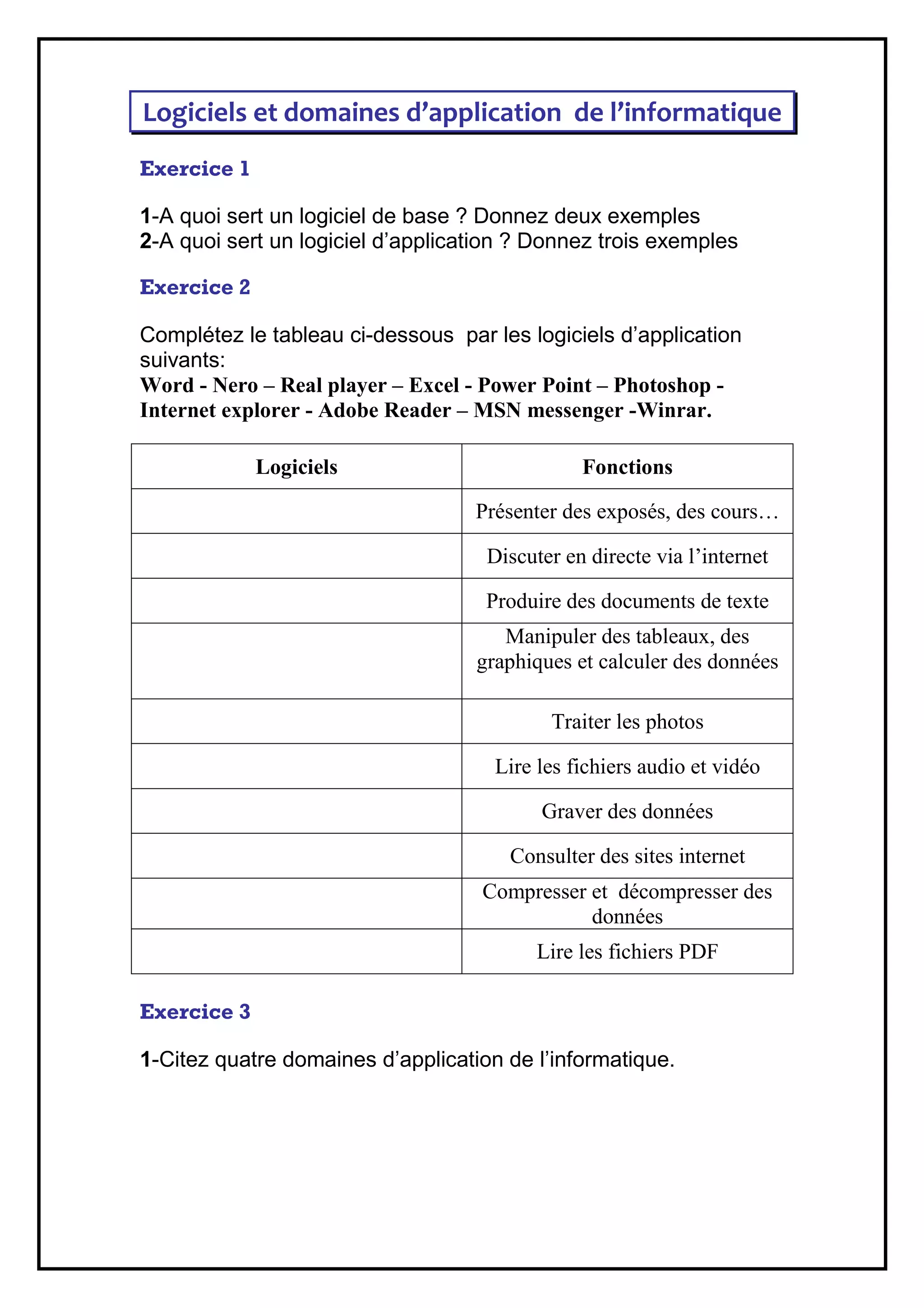 Logiciels et domaines d’application de l’informatique
Exercice 1
1-A quoi sert un logiciel de base ? Donnez deux exemples
2-A quoi sert un logiciel d’application ? Donnez trois exemples
Exercice 2
Complétez le tableau ci-dessous par les logiciels d’application
suivants:
Word - Nero – Real player – Excel - Power Point – Photoshop Internet explorer - Adobe Reader – MSN messenger -Winrar.
Logiciels
Fonctions
Présenter des exposés, des cours…
Discuter en directe via l’internet
Produire des documents de texte
Manipuler des tableaux, des
graphiques et calculer des données
Traiter les photos
Lire les fichiers audio et vidéo
Graver des données
Consulter des sites internet
Compresser et décompresser des
données
Lire les fichiers PDF
Exercice 3
1-Citez quatre domaines d’application de l’informatique.