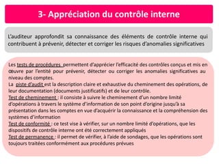 3- Appréciation du contrôle interne
Les tests de procédures permettent d’apprécier l’efficacité des contrôles conçus et mis en
œuvre par l’entité pour prévenir, détecter ou corriger les anomalies significatives au
niveau des comptes.
La piste d’audit est la description claire et exhaustive du cheminement des opérations, de
leur documentation (documents justificatifs) et de leur contrôle.
Test de cheminement : il consiste à suivre le cheminement d’un nombre limité
d’opérations à travers le système d’information de son point d’origine jusqu’à sa
présentation dans les comptes en vue d’acquérir la connaissance et la compréhension des
systèmes d’information
Test de conformité : ce test vise à vérifier, sur un nombre limité d’opérations, que les
dispositifs de contrôle interne ont été correctement appliqués
Test de permanence : il permet de vérifier, à l’aide de sondages, que les opérations sont
toujours traitées conformément aux procédures prévues
L’auditeur approfondit sa connaissance des éléments de contrôle interne qui
contribuent à prévenir, détecter et corriger les risques d’anomalies significatives
 