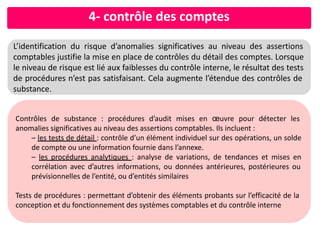4- contrôle des comptes
L’identification du risque d’anomalies significatives au niveau des assertions
comptables justifie la mise en place de contrôles du détail des comptes. Lorsque
le niveau de risque est lié aux faiblesses du contrôle interne, le résultat des tests
de procédures n’est pas satisfaisant. Cela augmente l’étendue des contrôles de
substance.
Contrôles de substance : procédures d’audit mises en œuvre pour détecter les
anomalies significatives au niveau des assertions comptables. Ils incluent :
– les tests de détail : contrôle d’un élément individuel sur des opérations, un solde
de compte ou une information fournie dans l’annexe.
– les procédures analytiques : analyse de variations, de tendances et mises en
corrélation avec d’autres informations, ou données antérieures, postérieures ou
prévisionnelles de l’entité, ou d’entités similaires
Tests de procédures : permettant d’obtenir des éléments probants sur l’efficacité de la
conception et du fonctionnement des systèmes comptables et du contrôle interne
 