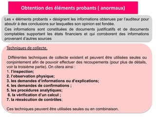Obtention des éléments probants ( anormaux)
Les « éléments probants » désignent les informations obtenues par l’auditeur pour
aboutir à des conclusions sur lesquelles son opinion est fondée.
Ces informations sont constituées de documents justificatifs et de documents
comptables supportant les états financiers et qui corroborent des informations
provenant d’autres sources
Techniques de collecte.
Différentes techniques de collecte existent et peuvent être utilisées seules ou
conjointement afin de pouvoir effectuer des recoupements (pour plus de détails,
voir la troisième partie). On citera ainsi :
1. l’inspection;
2. l’observation physique;
3. les demandes d’informations ou d’explications;
4. les demandes de confirmations ;
5. les procédures analytiques;
6. la vérification d’un calcul ;
7. la réexécution de contrôles;
Ces techniques peuvent être utilisées seules ou en combinaison.
 