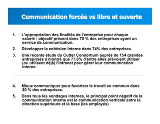 1.  L'appropriation des finalités de l'entreprise pour chaque
salarié : objectif présent dans 70 % des entreprises ayant un
service de communication.
2.  Développer la cohésion interne dans 74% des entreprises.
3.  Une récente étude du Cutter Consortium auprès de 154 grandes
entreprises a montré que 77,6% d'entre elles prévoient utiliser
(ou utilisent déjà) l'intranet pour gérer leur communication
interne.
4.  Mieux communiquer pour favoriser le travail en commun dans
30 % des entreprises.
5.  Dans tous les sondages internes, le principal point négatif de la
communication interne est le communication verticale entre la
direction supérieure et la base (les employés)
 