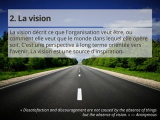 2. La vision 
La vision décrit ce que l'organisation veut être, ou 
comment elle veut que le monde dans lequel elle opère 
soit. C'est une perspective à long terme orientée vers 
l'avenir. La vision est une source d'inspiration. 
« Dissatisfaction and discouragement are not caused by the absence of things 
© 2014 Copyright audacium leadership inc. 
Tous droits réservés. 
but the absence of vision. » — Anonymous 
 