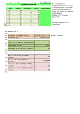 On écrit VRAI dans
l’augmentation sauf si le salaire
et moins de 900 et l’ancienneté
et plus ou égal à 3 et que les
points sont plus de 50. Sinon on
affiche FAUX
Salaire <900 Ancienneté >=3
Point > 50
Le même exercice avec la
fonction OU
Remplir le tableau