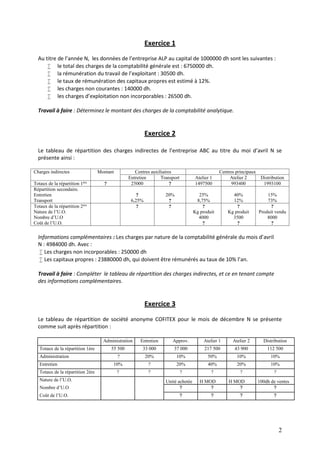2
Exercice 1
Au titre de l’année N, les données de l’entreprise ALP au capital de 1000000 dh sont les suivantes :
 le total des charges de la comptabilité générale est : 6750000 dh.
 la rémunération du travail de l’exploitant : 30500 dh.
 le taux de rémunération des capitaux propres est estimé à 12%.
 les charges non courantes : 140000 dh.
 les charges d’exploitation non incorporables : 26500 dh.
Travail à faire : Déterminez le montant des charges de la comptabilité analytique.
Exercice 2
Le tableau de répartition des charges indirectes de l’entreprise ABC au titre du moi d’avril N se
présente ainsi :
Charges indirectes Montant Centres auxiliaires Centres principaux
Entretien Transport Atelier 1 Atelier 2 Distribution
Totaux de la répartition 1ère
? 25000 ? 1497500 993400 1993100
Répartition secondaire.
Entretien
Transport
?
6,25%
20%
?
25%
8,75%
40%
12%
15%
73%
Totaux de la répartition 2ère
Nature de l’U.O.
Nombre d’U.O
Coût de l’U.O.
? ? ?
Kg produit
4000
?
?
Kg produit
3500
?
?
Produit vendu
8000
?
Informations complémentaires : Les charges par nature de la comptabilité générale du mois d’avril
N : 4984000 dh. Avec :
 Les charges non incorporables : 250000 dh
 Les capitaux propres : 23880000 dh, qui doivent être rémunérés au taux de 10% l’an.
Travail à faire : Compléter le tableau de répartition des charges indirectes, et ce en tenant compte
des informations complémentaires.
Exercice 3
Le tableau de répartition de société anonyme COFITEX pour le mois de décembre N se présente
comme suit après répartition :
Administration Entretien Approv. Atelier 1 Atelier 2 Distribution
Totaux de la répartition 1ère 55 500 33 000 37 000 217 500 43 900 112 500
Administration ? 20% 10% 50% 10% 10%
Entretien 10% ? 20% 40% 20% 10%
Totaux de la répartition 2ère ? ? ? ? ? ?
Nature de l’U.O. Unité achetée H MOD H MOD 100dh de ventes
Nombre d’U.O ? ? ? ?
Coût de l’U.O. ? ? ? ?
 