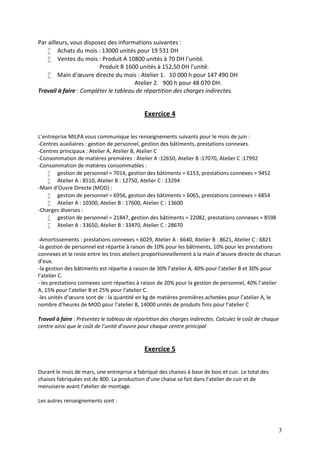3
Par ailleurs, vous disposez des informations suivantes :
 Achats du mois : 13000 unités pour 19 531 DH
 Ventes du mois : Produit A 10800 unités à 70 DH l'unité.
Produit B 1600 unités à 152,50 DH l'unité.
 Main d'œuvre directe du mois : Atelier 1. 10 000 h pour 147 490 DH
Atelier 2. 900 h pour 48 070 DH.
Travail à faire : Compléter le tableau de répartition des charges indirectes.
Exercice 4
L’entreprise MILPA vous communique les renseignements suivants pour le mois de juin :
-Centres auxiliaires : gestion de personnel, gestion des bâtiments, prestations connexes.
-Centres principaux : Atelier A, Atelier B, Atelier C
-Consommation de matières premières : Atelier A :12650, Atelier B :17070, Atelier C :17992
-Consommation de matières consommables :
 gestion de personnel = 7014, gestion des bâtiments = 6153, prestations connexes = 9452
 Atelier A : 8510, Atelier B : 12750, Atelier C : 13294
-Main d’Ouvre Directe (MOD) :
 gestion de personnel = 6956, gestion des bâtiments = 6065, prestations connexes = 6854
 Atelier A : 10300, Atelier B : 17600, Atelier C : 13600
-Charges diverses :
 gestion de personnel = 21847, gestion des bâtiments = 22082, prestations connexes = 8598
 Atelier A : 33650, Atelier B : 33470, Atelier C : 28670
-Amortissements : prestations connexes = 6029, Atelier A : 6640, Atelier B : 8621, Atelier C : 6821
-la gestion de personnel est répartie à raison de 10% pour les bâtiments, 10% pour les prestations
connexes et le reste entre les trois ateliers proportionnellement à la main d’œuvre directe de chacun
d’eux.
-la gestion des bâtiments est répartie à raison de 30% l’atelier A, 40% pour l’atelier B et 30% pour
l’atelier C.
- les prestations connexes sont réparties à raison de 20% pour la gestion de personnel, 40% l’atelier
A, 15% pour l’atelier B et 25% pour l’atelier C.
-les unités d’œuvre sont de : la quantité en kg de matières premières achetées pour l’atelier A, le
nombre d’heures de MOD pour l’atelier B, 14000 unités de produits finis pour l’atelier C
Travail à faire : Présentez le tableau de répartition des charges indirectes. Calculez le coût de chaque
centre ainsi que le coût de l’unité d’ouvre pour chaque centre principal
Exercice 5
Durant le mois de mars, une entreprise a fabriqué des chaises à base de bois et cuir. Le total des
chaises fabriquées est de 800. La production d’une chaise se fait dans l’atelier de cuir et de
menuiserie avant l’atelier de montage.
Les autres renseignements sont :
 