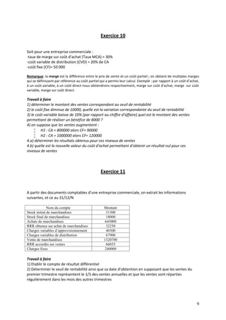 9
Exercice 10
Soit pour une entreprise commerciale :
-taux de marge sur coût d’achat (Taux MCA) = 30%
-coût variable de distribution (CVD) = 20% de CA
-coût fixe (CF)= 50 000
Remarque: la marge est la différence entre le prix de vente et un coût partiel ; on obtient de multiples marges
qui se définissent par référence au coût partiel qui a permis leur calcul. Exemple : par rapport à un coût d’achat,
à un coût variable, à un coût direct nous obtiendrons respectivement, marge sur coût d’achat, marge sur coût
variable, marge sur coût direct.
Travail à faire
1) déterminer le montant des ventes correspondant au seuil de rentabilité
2) le coût fixe diminue de 10000, quelle est la variation correspondante du seuil de rentabilité
3) le coût variable baisse de 10% (par rapport au chiffre d’affaire) quel est le montant des ventes
permettant de réaliser un bénéfice de 8000 ?
4) on suppose que les ventes augmentent :
 H1 : CA = 800000 alors CF= 90000
 H2 : CA = 1000000 alors CF= 120000
4.a) déterminer les résultats obtenus pour ces niveaux de ventes
4.b) quelle est la nouvelle valeur du coût d’achat permettant d’obtenir un résultat nul pour ces
niveaux de ventes
Exercice 11
A partir des documents comptables d’une entreprise commerciale, on extrait les informations
suivantes, et ce au 31/12/N
Nom du compte Montant
Stock initial de marchandises 31300
Stock final de marchandises 18000
Achats de marchandises 645000
RRR obtenus sur achat de marchandises 32250
Charges variables d’approvisionnement 40300
Charges variables de distribution 67900
Vente de marchandises 1320700
RRR accordés sur ventes 66035
Charges fixes 240000
Travail à faire
1) Etablir le compte de résultat différentiel
2) Déterminer le seuil de rentabilité ainsi que sa date d’obtention en supposant que les ventes du
premier trimestre représentent le 1/5 des ventes annuelles et que les ventes sont réparties
régulièrement dans les mois des autres trimestres
 